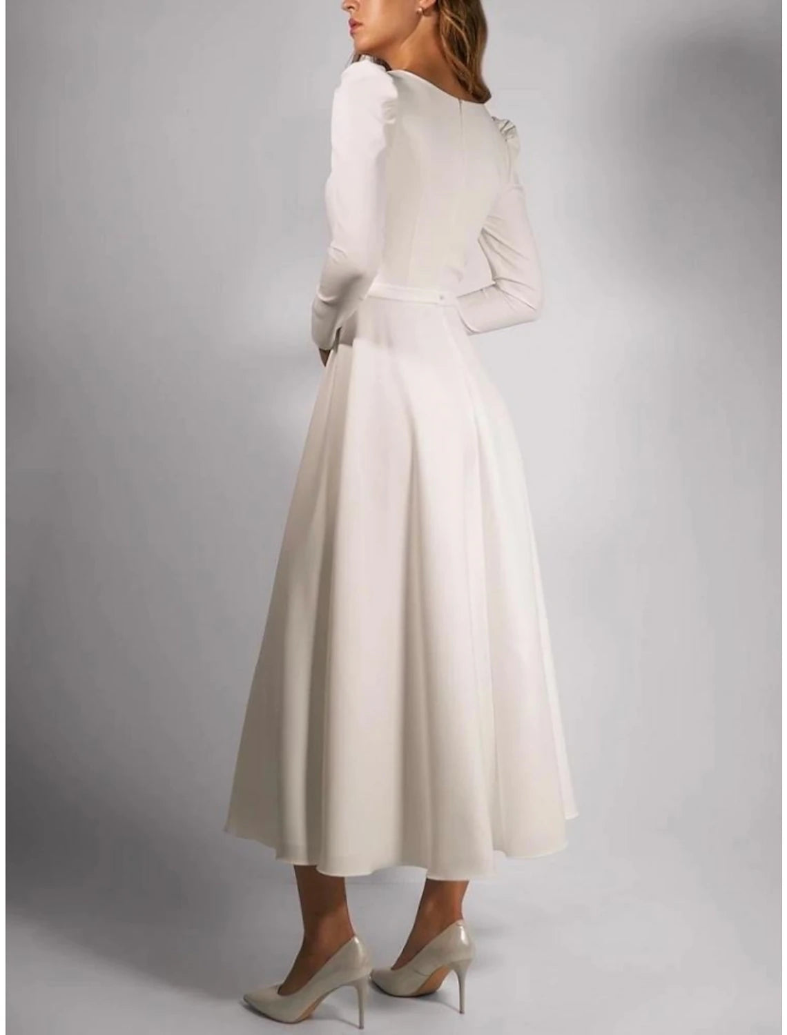 Casual Wedding Dresses A-Line Square Neck Long Sleeve Tea Length Stretch Fabric Bridal Gowns With Pleats Solid Color